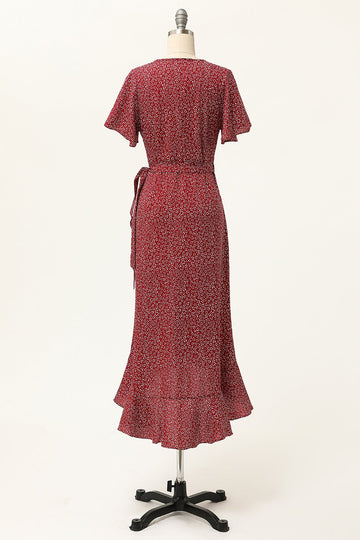 Summer Burgundy Print Wrap Casual Dress